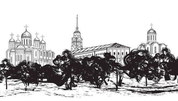ancient russian city Vladimir Old russian town landscape hand drawn vector illustration. View of Vladimir cityscape. Ancient City. The Golden Ring of Russia. vladimir russia stock illustrations