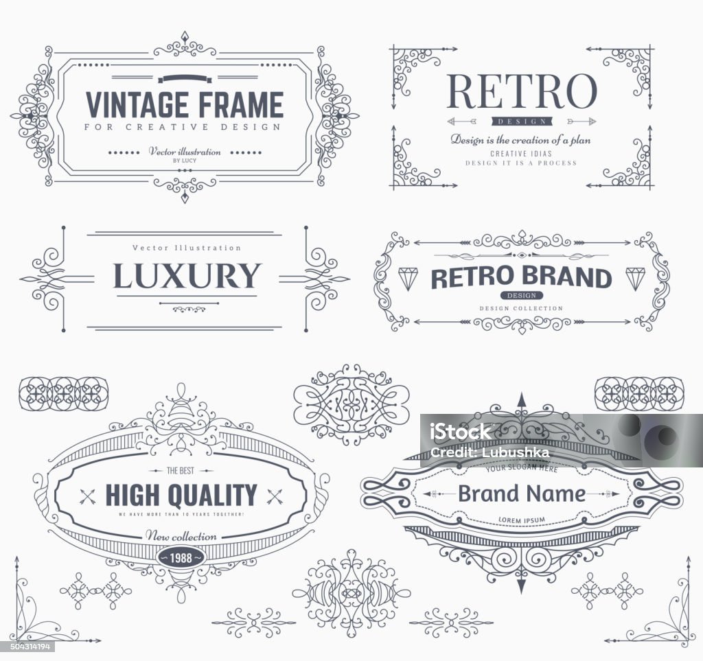 Design collection of vintage patterns Collection of vintage patterns. Flourishes calligraphic ornaments and frames. Retro style of design elements, postcard, banners. Vector template Geographical Border stock vector