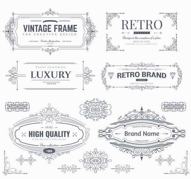 Design collection of vintage patterns Collection of vintage patterns. Flourishes calligraphic ornaments and frames. Retro style of design elements, postcard, banners. Vector template international border stock illustrations