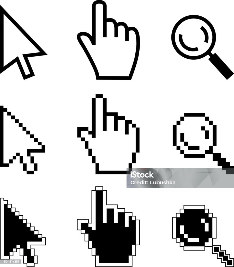 Pointer Vector illustration hand cursor magnifier. Black and white illustration Magnifying Glass stock vector
