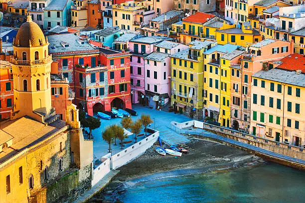 Vernazza village, church and buildings aerial view. Seascape in Five lands, Cinque Terre National Park, Liguria Italy Europe. Long Exposure.