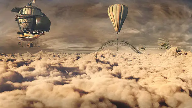 Dark fantasy scenery with airships flying above the clouds