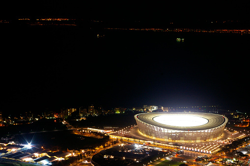 The stadium is beautifully lit up during the 2010 soccer world cup games that was played here.