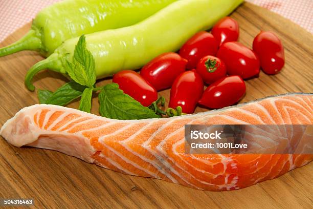 Raw Salmon Piece And Vegetables Stock Photo - Download Image Now - Citrus Fruit, Dinner, Fish