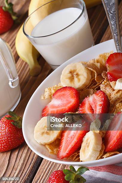 Cornflakes With Fresh Strawberries And Banana Close Up Stock Photo - Download Image Now