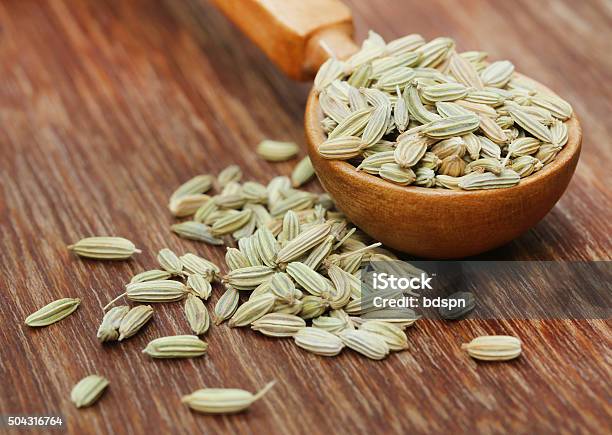 Fennel Seeds In A Wooden Spoon Stock Photo - Download Image Now - Close-up, Condiment, Cooking