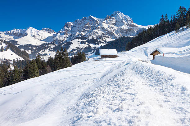 Beautiful view to winter Swiss Alps, Berner Oberland, Adelboden stock photo