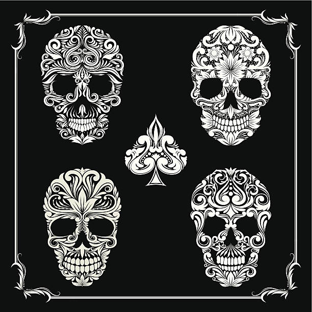 ilustrações, clipart, desenhos animados e ícones de crânio ornamental coleções - flourishes tattoo scroll ornate