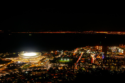 A arial view of the Greenpoint district of Cape Town, featuring the stadium as it is hosting a Fifa soccer match in 2010.