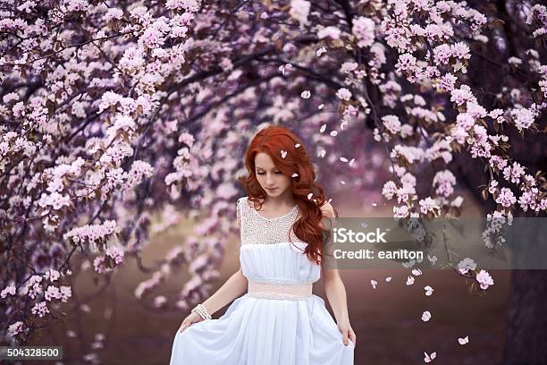 Beautiful Young Woman Under The Flowering Tree Stock Photo - Download Image Now - Adult, Affectionate, Apple Tree