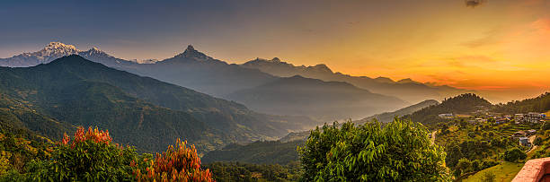 Sunrise over Himalaya mountains Sunrise over Himalaya mountains near Pokhara in Nepal nepal stock pictures, royalty-free photos & images