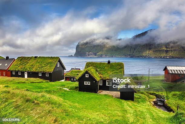 Village Of Mikladalur Faroe Islands Denmark Stock Photo - Download Image Now - Faroe Islands, Denmark, Living Roof