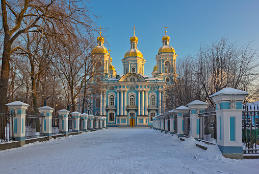 Facade of St. Nicholas Naval Cathedral in St. Petersburg, Russia, which is Orthodox church built in Baroque style