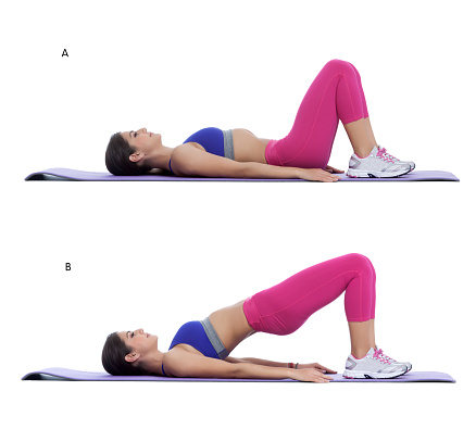 Step by step instructions: Lie on your back on the floor with your knees bent and your feet flat on the floor. (A) Now brace your core, squeeze your glutes, and raise your hips so your body forms a straight line from your shoulders to your knees (B)