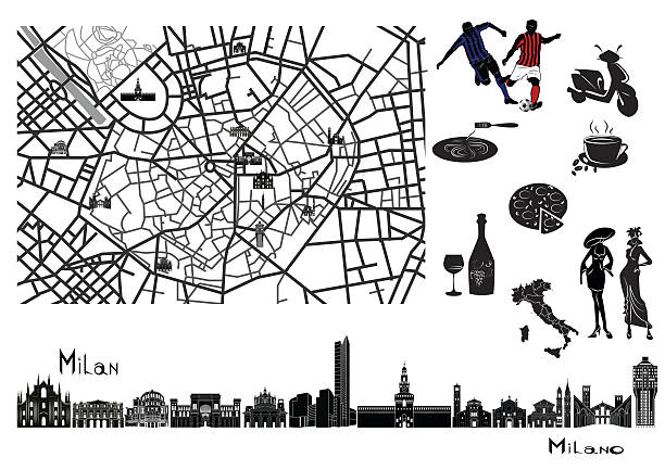 Map, sights  and hallmarks of Milan Map of Milan with sights on it. Surrounded by symbols like football, pasta, coffee, wine, glass, pizza, fashion. london fashion stock illustrations