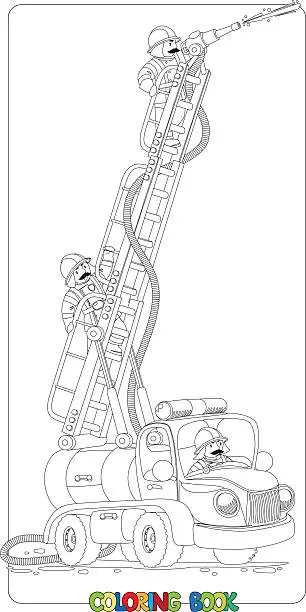 Vector illustration of Funny fire truck or firemachine. Coloring book