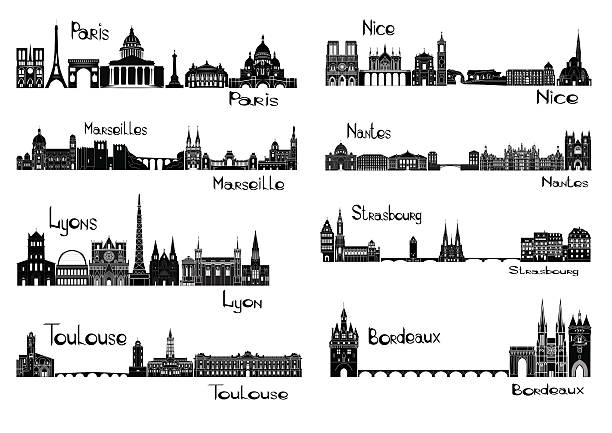 Eight cities of France Vector illustration of silhouettes of cties of France - Paris, Marseilles, Lyons, Toulouse, Nice,  Nantes, Strasbourg, Bordeaux nantes stock illustrations
