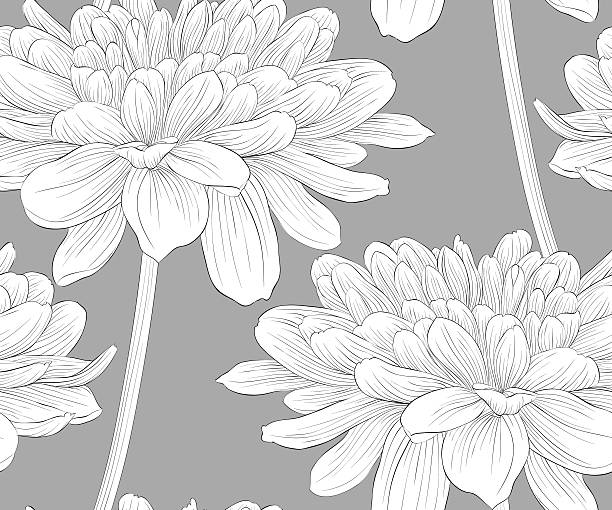 seamless background with flowers dahlia Beautiful monochrome, black and white seamless background with flowers dahlia with a stem. Hand-drawn contour lines and strokes. easy black and white drawing stock illustrations