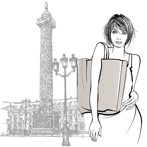 ilustraciones, imágenes clip art, dibujos animados e iconos de stock de joven mujer de compras en parís - architectural feature bronze sketch drawing