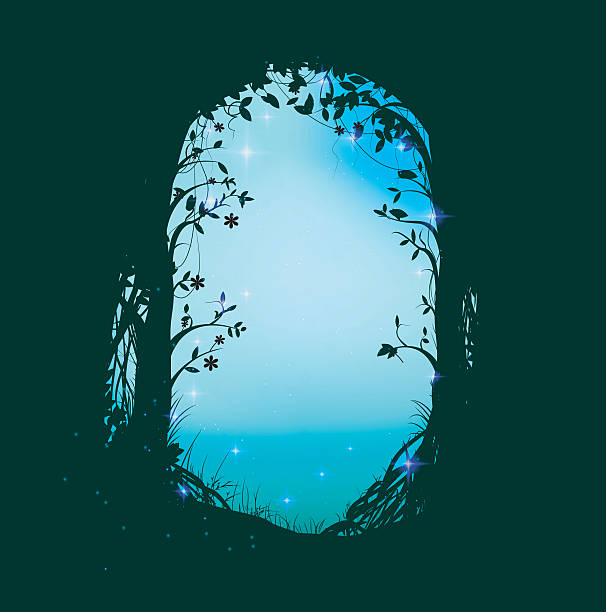 arch from leaves way to the deep fairy forest with light sparckle, shadows, forest silhouette, blue fairy cave natural arch stock illustrations