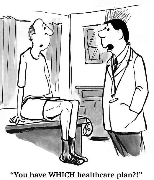 Patient has Wrong Healthcare Insurance Plan Cartoon about health insurance. Doctor says in incredulous voice to patient, 'You have WHICH healthcare plan?!'. funny insurance drawings stock illustrations