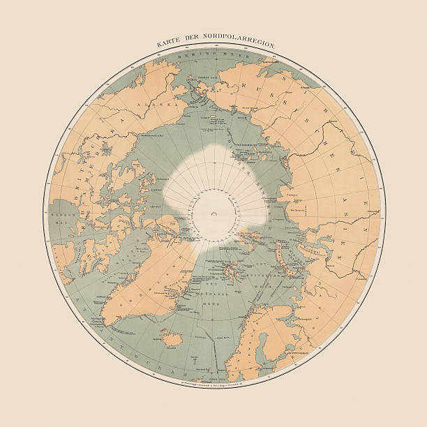 Ancient map of the Arctic Region, lithograph, published in 1883 Ancient map of the Arctic Region. Lithograph, published in 1883. north pole map stock illustrations