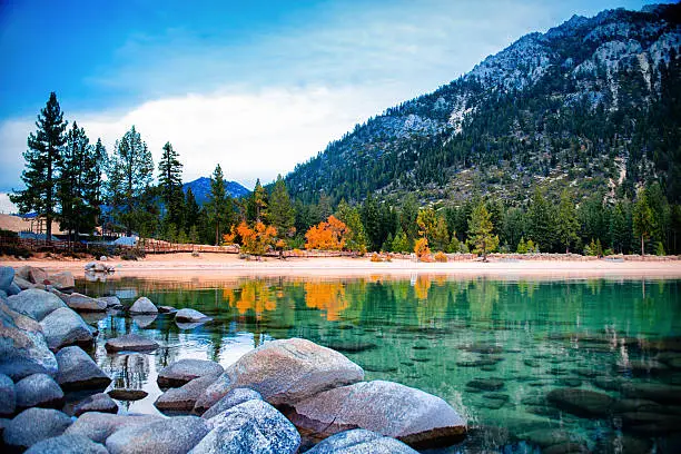 Freshwater lake with mountain in the background, Lake Tahoe, Sierra Nevada, California, USA