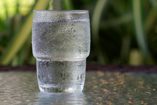 Glass of freshly poured water on the table with nature in the background