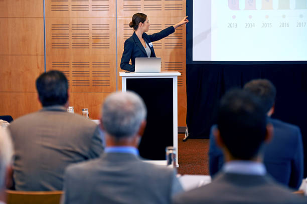 istock Confidently taking control of the press conference 504342603