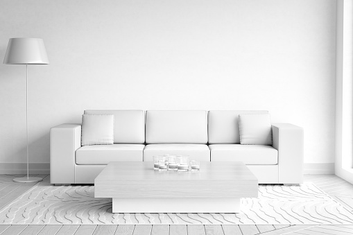 Minimalist modern white living room interior design.