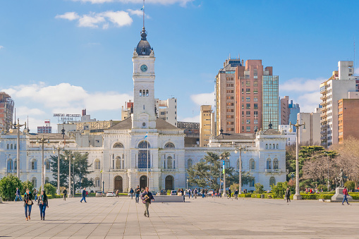 La Plata, Argentina - August 24, 2015: Urban day view at Moreno square with Palacio Municipal at the main subject in La Plata city in Buenos Aires Argentina.