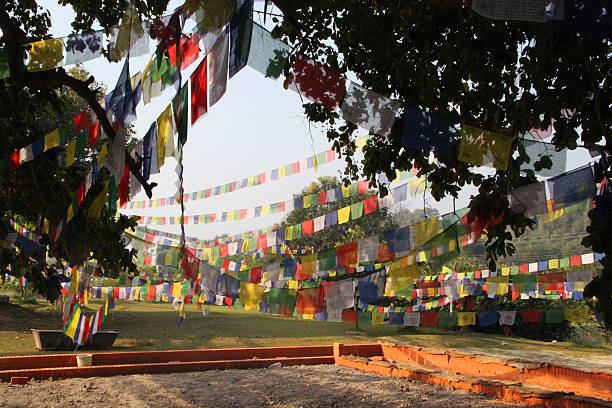 Nepal: Prayer Flags at Lumbini Prayer flags fly over the grounds of the birthplace of Buddha in Lumbini. They are used to bless the surrounding countryside and are used to promote peace, compassion, strength, and wisdom. lumbini nepal stock pictures, royalty-free photos & images