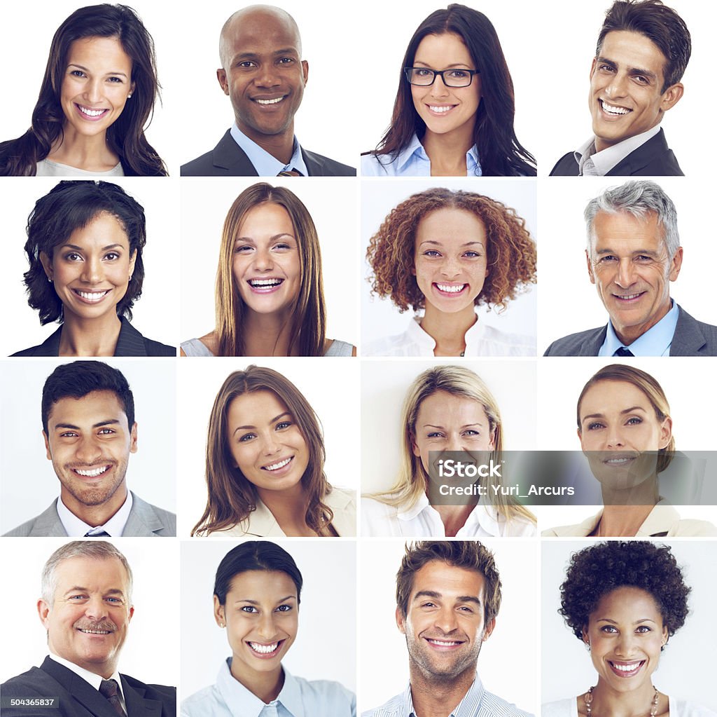 Business is good! Composite image of smiling business people White Background Stock Photo