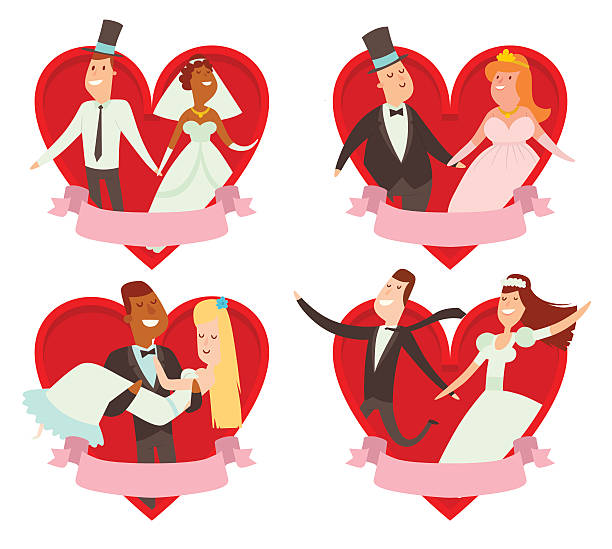 illustrazioni stock, clip art, cartoni animati e icone di tendenza di matrimonio coppia fumetto stile illustrazione vettoriale - wedding groom bride two parent family