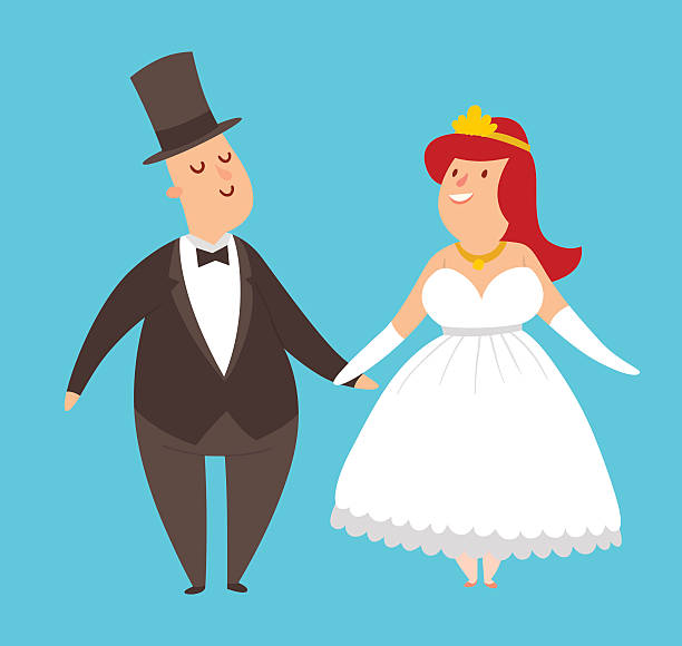 웨딩 커플 말풍선이 있는 스타일 벡터 일러스트 - couple two parent family ring wedding dress stock illustrations