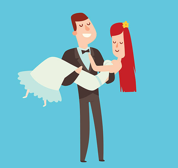 웨딩 커플 말풍선이 있는 스타일 벡터 일러스트 - couple two parent family ring wedding dress stock illustrations