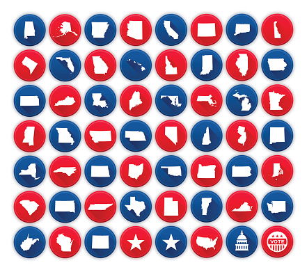 Flat united states state icons and symbols collection. 56 circular American state icons showing each state with a long shadow. Also included are icons for the United States Capitol dome, continental United States, vote button and star symbols. EPS 10 file. Transparency effects used on highlight elements.