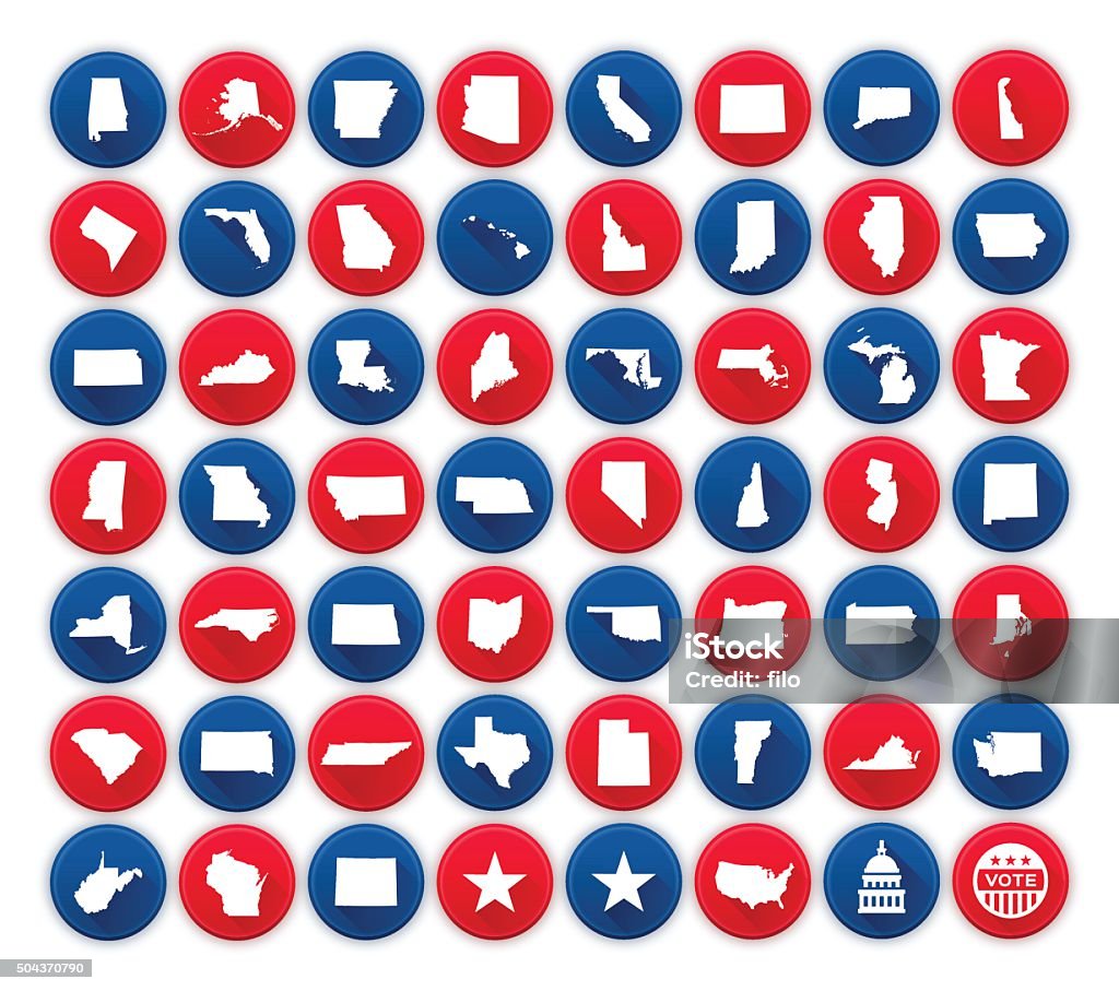 United States State Icons and Symbols Flat united states state icons and symbols collection. 56 circular American state icons showing each state with a long shadow. Also included are icons for the United States Capitol dome, continental United States, vote button and star symbols. EPS 10 file. Transparency effects used on highlight elements. Icon Symbol stock vector