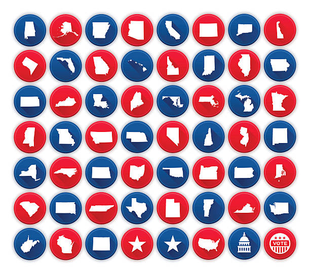 United States State Icons and Symbols Flat united states state icons and symbols collection. 56 circular American state icons showing each state with a long shadow. Also included are icons for the United States Capitol dome, continental United States, vote button and star symbols. EPS 10 file. Transparency effects used on highlight elements. michigan maryland stock illustrations