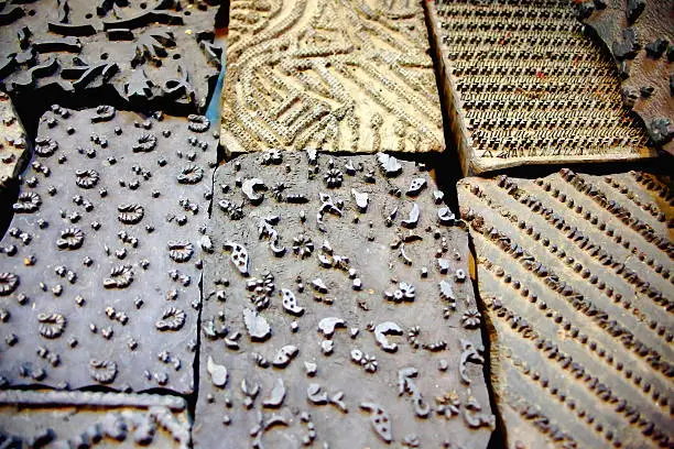 Traditional nepalese types for woodblock printing in the windowshop of a souvenir shop in the Thamel area of Kathmandu city. Kathmandu district-Bagmati zone-Nepal.