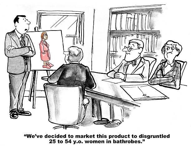 Product Marketed to Disgruntled Women Business cartoon about marketing. The target audiences kept getting more tightly defined. quantitative research stock illustrations