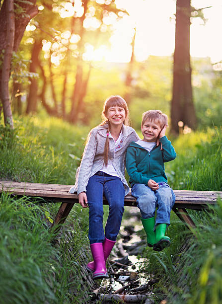 istock Brother and sister sitting on bridge in forest 504373926