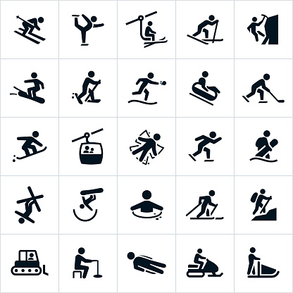 Icons representing popular winter recreational activities. The icons include snow skiing, snow skiers, snowboarding, ice skating, cross country skiing, ice climbing, snowshoeing, tubing, ice hockey, speed skating, ice plunge, hiking, snowcat, ice fishing, sledding, snowmobiling and snow sledding.