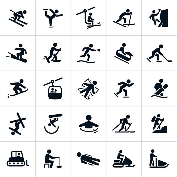 Winter Recreation Activities Icons Icons representing popular winter recreational activities. The icons include snow skiing, snow skiers, snowboarding, ice skating, cross country skiing, ice climbing, snowshoeing, tubing, ice hockey, speed skating, ice plunge, hiking, snowcat, ice fishing, sledding, snowmobiling and snow sledding. ice skating stock illustrations