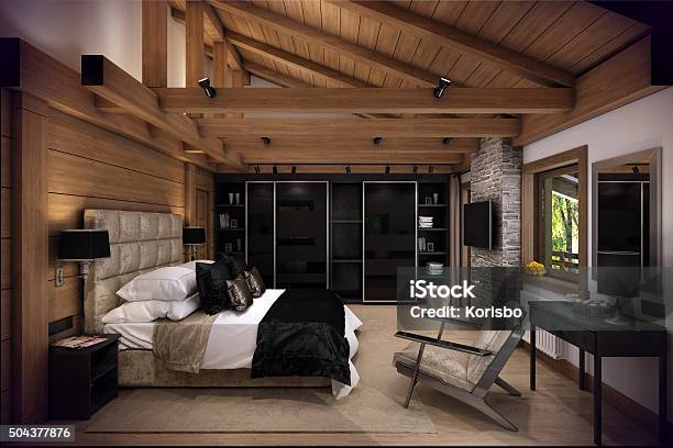 3d Rendering Bedroom House In The Mountain Stock Photo - Download Image Now - Chalet, Indoors, Bedroom