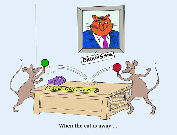 When the Cat is Away the Mice Will Play Business cartoon about corporate culture.  When the boss is away, the workers will play.  table tennis funny stock illustrations