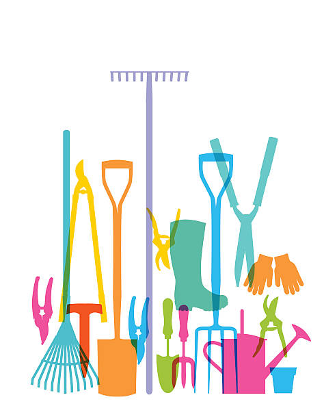 Garden Tools Various Gardening Tools. Uses overlays and transparencies, best in RGB. Eps 10 file; CS5 version in the zip gardening silhouettes stock illustrations