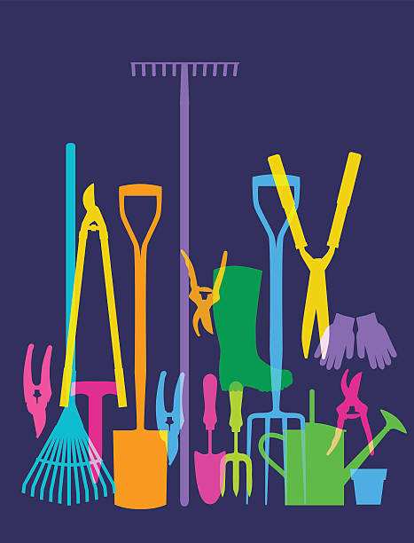 ilustrações, clipart, desenhos animados e ícones de ferramentas de jardim - watering can shovel rake silhouette