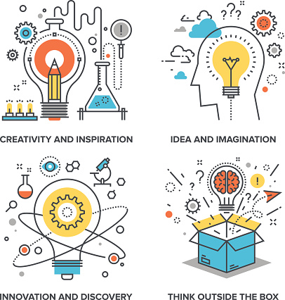 Vector set of conceptual flat line illustrations on following themes - creativity and inspiration, idea and imagination, innovation and discovery, think outside the box