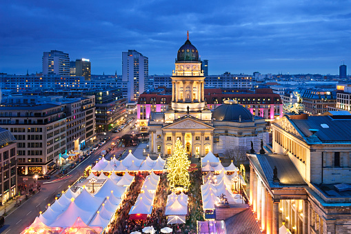 Aerial view onto Christmas market at Gendarmenmarkt square in Berlin